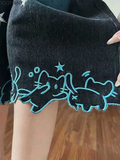 Damen High-Waist Jeans mit Niedlicher Cartoon-Katzen-Stickerei, Vintage Y2K Kleidung, Wadenlange Denim-Hosen, Harajuku Blaue Streetwear So ist Leben