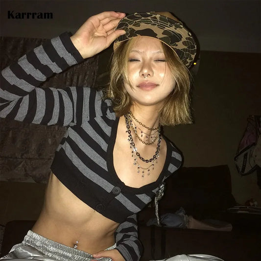 Karrram trashy y2k Crop Top japanische 1920er Jahre Stil gestreifte lang ärmel ige T-Shirt Vintage Harajuku High Street Tops American Retro So ist Leben