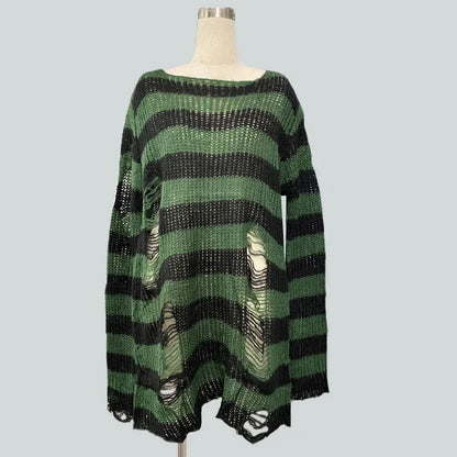 Goth Punk Gothic Pullover Übergroße Pullover Frauen Gestreiften Cool Aushöhlen Loch Gebrochen Jumper Harajuku Ästhetik Pullover So ist Leben