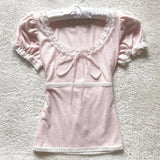 Deeptown Coquette Süße T-shirts Frauen Rosa Kawaii Bogen Elegante Kurzarm T-shirts Koreanische Mode Spitze Patchwork Dünne T-Shirts So ist Leben