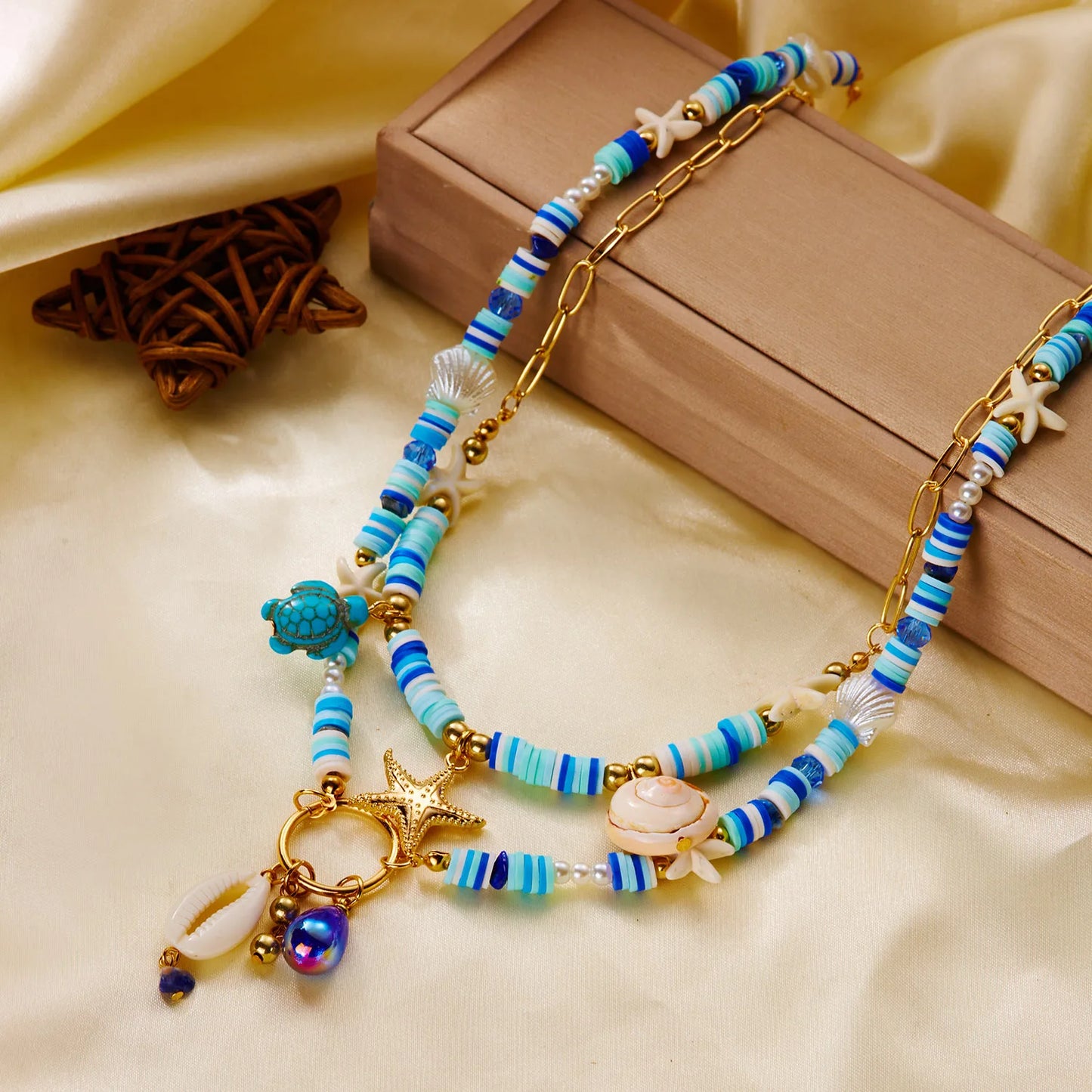 Böhmische Vintage Muschel Seestern Schildkröte Mehrschichtige Halskette für Frauen Ethnische Handgemachte Blaue Perlenketten Sommer Strand Schmuck So ist Leben