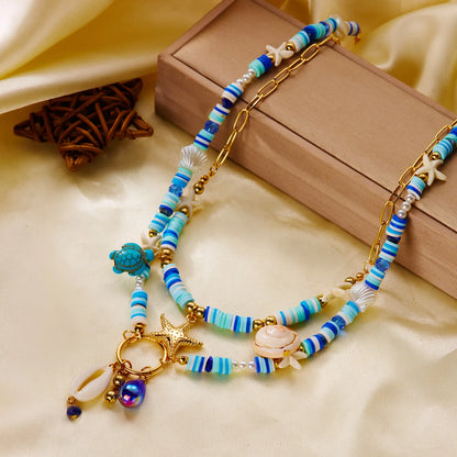 Böhmische Vintage Muschel Seestern Schildkröte Mehrschichtige Halskette für Frauen Ethnische Handgemachte Blaue Perlenketten Sommer Strand Schmuck So ist Leben