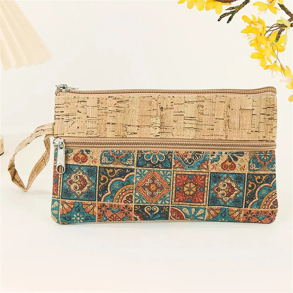 Cork Retro Print Coin Purse Portable Cell Phone Pouch Mini Wallet Double Layer Zipper Money Bag Key Lipstick Organizer Pouch - So ist Leben