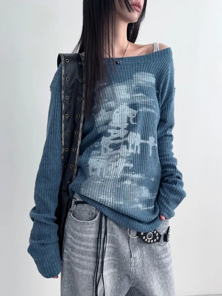 Herbst Harajuku Frauen Druck Tees Vintage Streetwear Grunge Skew Kragen Tops Y2k Ästhetischen Lose Beiläufige Hiphop Vintage Tops So ist Leben