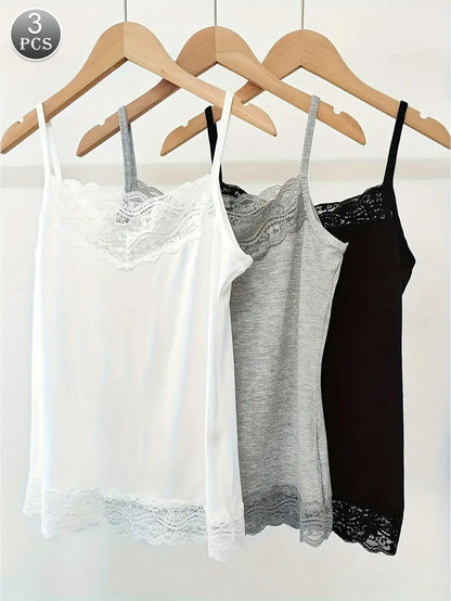 3-teiliges Damen-Cami-Tanktop mit Spitze und Blumenmuster, vielseitige und einfache Oberbekleidung, lässige, bequeme Sommeroberteile So ist Leben