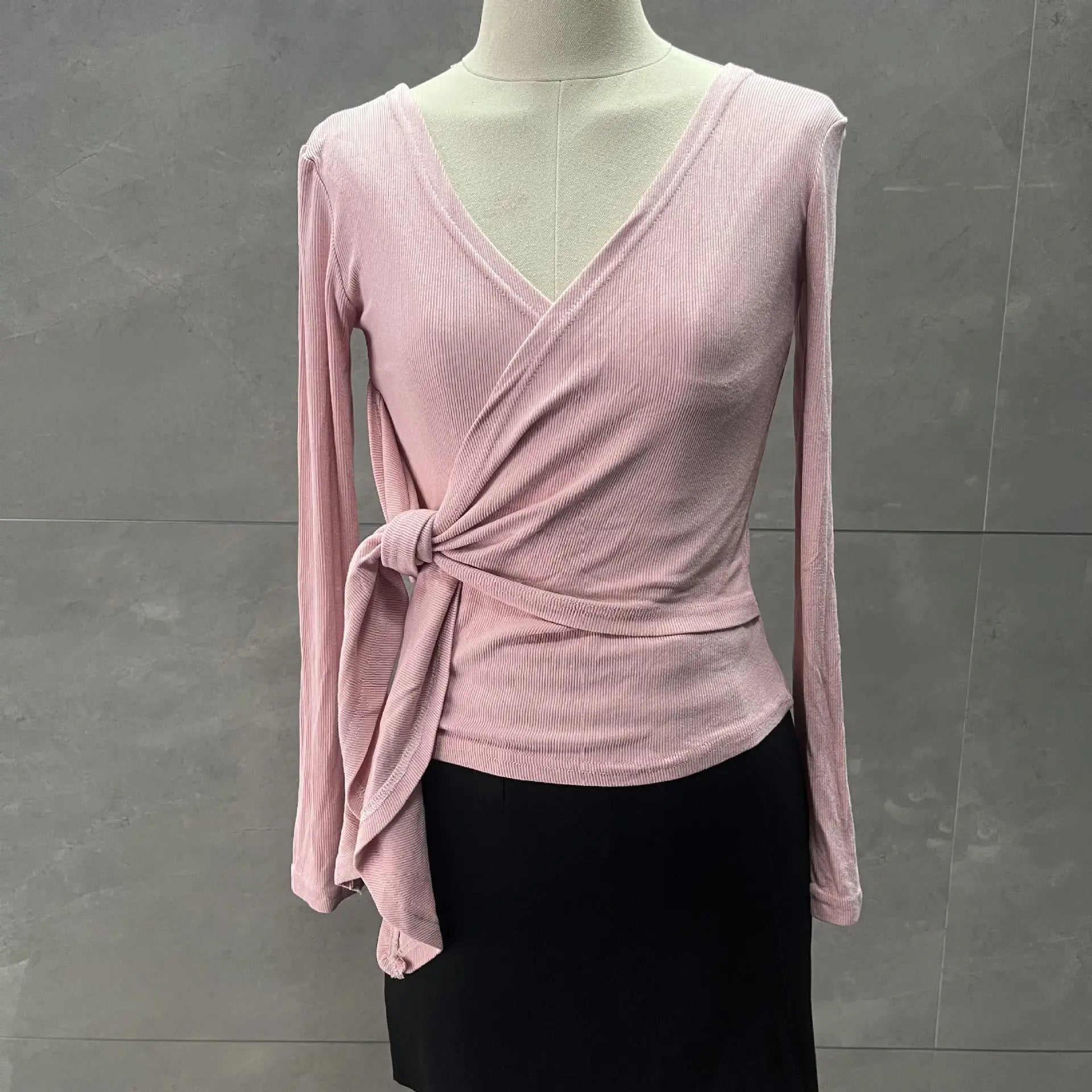 Slim Fit Kreuz Krawatte Langarm V-ausschnitt Koreanischen Stil Frühling Herbst T-Shirt Basis Shirt Sexy Oberbekleidung Top Polyester Stoff So ist Leben