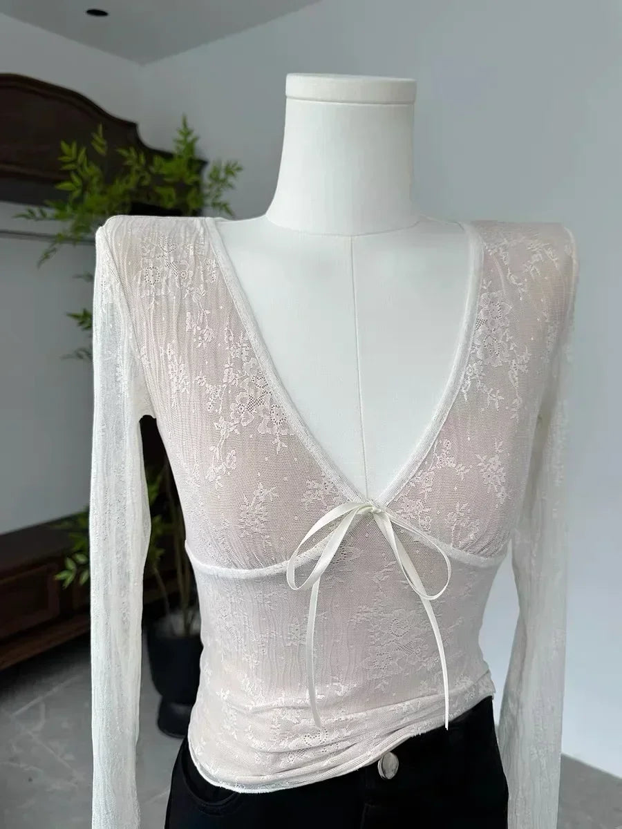 Y2k Frauen Vintage Coquette Grunge Ästhetische Mesh T-shirts Übergroßen Acubi T-shirt Langarm V-ausschnitt Abgeschnitten T Tops Kleidung So ist Leben