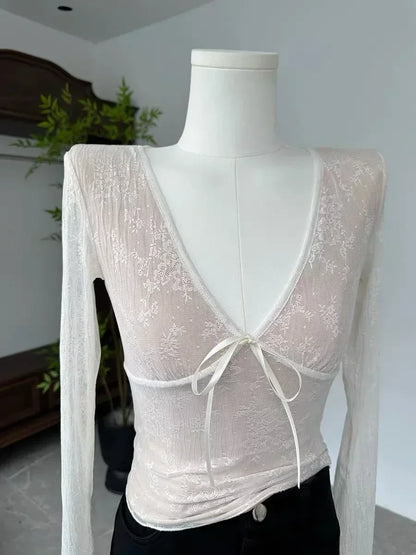 Y2k Frauen Vintage Coquette Grunge Ästhetische Mesh T-shirts Übergroßen Acubi T-shirt Langarm V-ausschnitt Abgeschnitten T Tops Kleidung So ist Leben