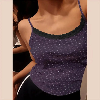 Süße Blumen-Tops, Spitze, Blumendruck, Camis, schmal, Y2K, kurze Tanktops, elegantes Leibchen, sexy Weste, Frühling So ist Leben