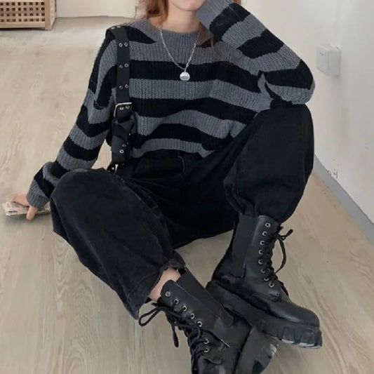 Neue Koreanische Stil Gestreiften Abgeschnitten Pullover Frauen Vintage Oversize Stricken Jumper Weibliche Herbst Lange Hülse O-ansatz Pullover Tops So ist Leben