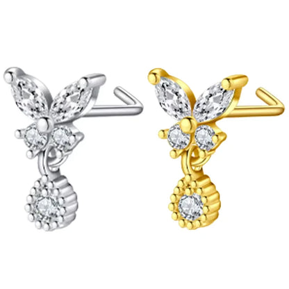 Damen L-förmiger Nasenring, hängender Nasenpiercing aus Edelstahl+Kupfer, gebogener Ring mit Schmetterlingsanhänger, Nasenschmuck 20G So ist Leben