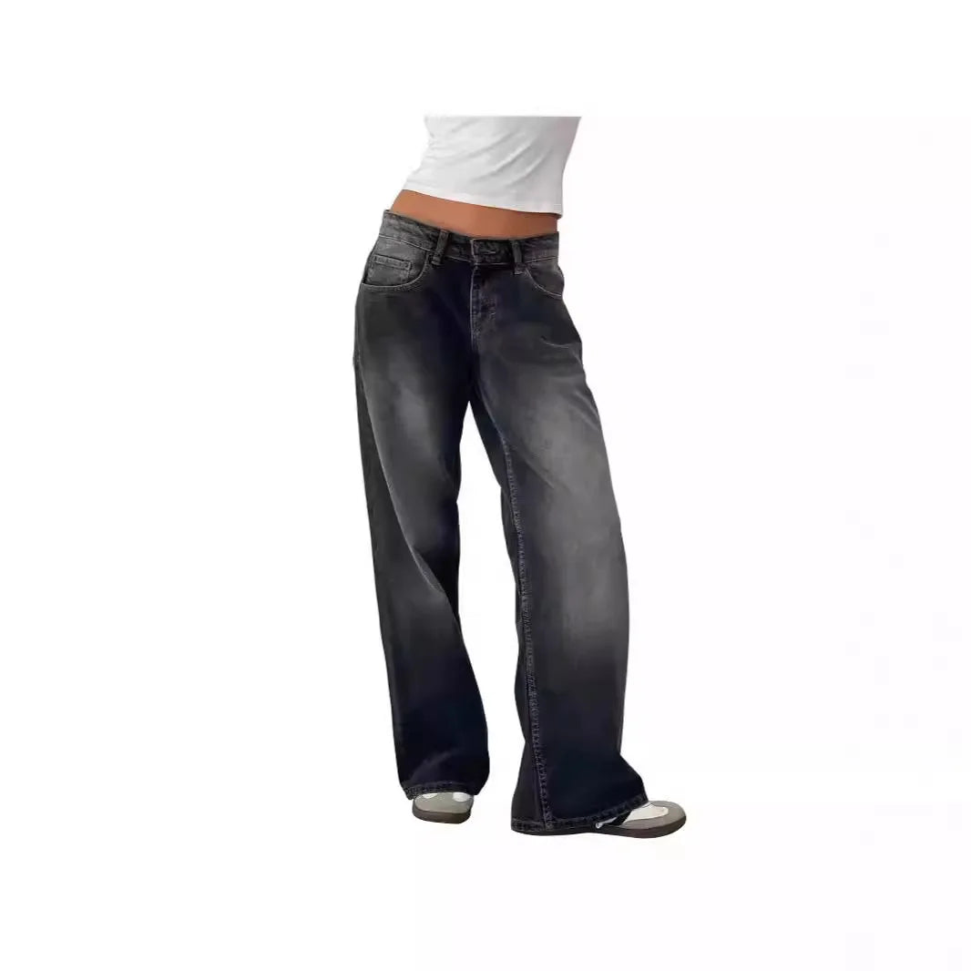 Retro Amerikanische Low-Waist Jeans ohne Stretch, Gerades Bein, Damen-Herbstmode, Weites Bein, Frischer Süßer Stil, Baumwolle So ist Leben