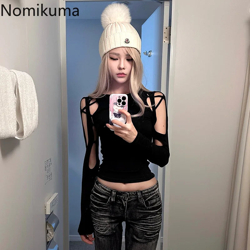 Crop Tops T-shirts für Frauen Oansatz Langarm Schwarz Tees Mode Lässig Koreanische Camisetas Y2k Top Aushöhlen Sexy Sommer T-shirt So ist Leben