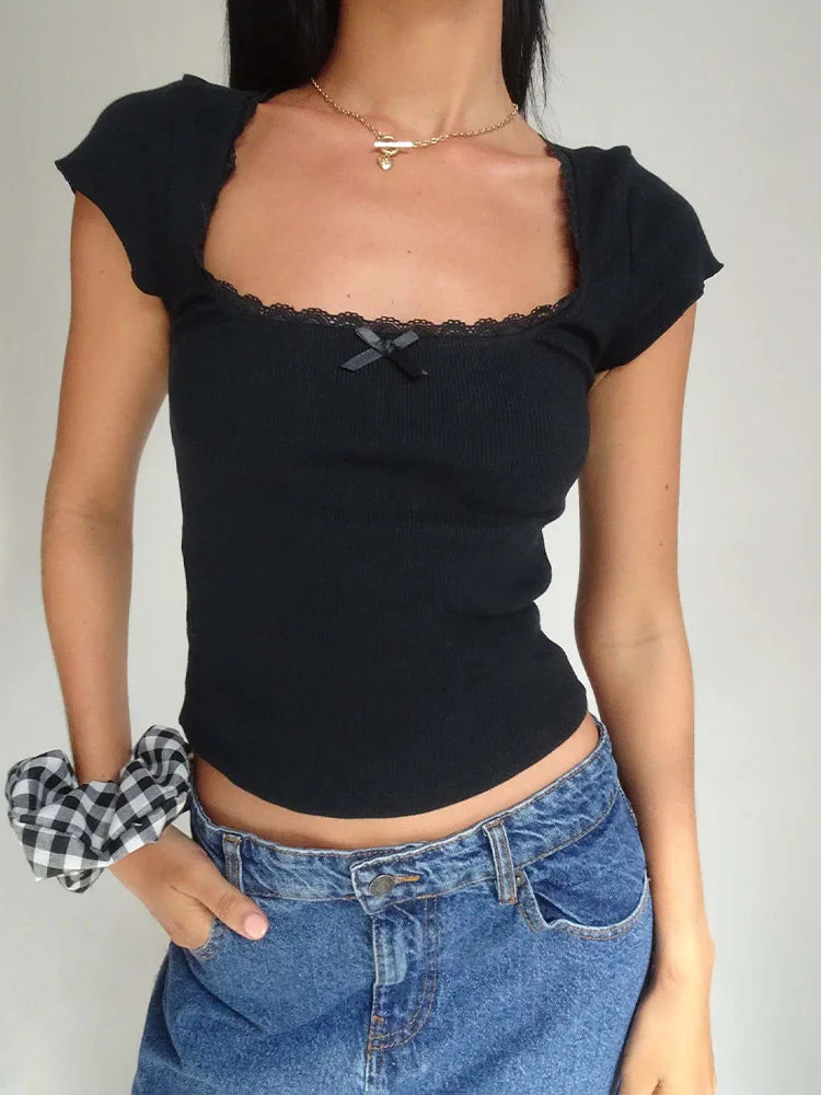 Y2k Vintage Baby T-Shirt Cottage Spitzenbesatz Gestricktes T-Shirt Sommer Square Neck Kurzarm T-Shirt Damen Weiß Milkmaid Crop Top So ist Leben