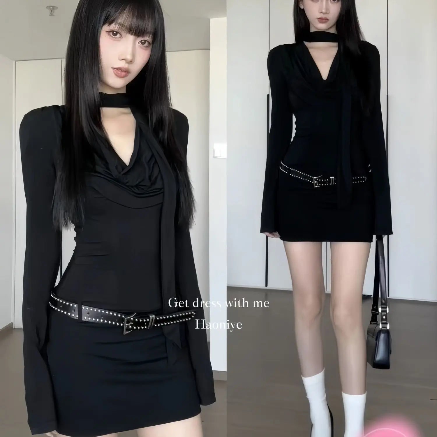 Hot Girl Schwarzes Langarmkleid für Damen, Royal Sister, hüftbedeckender kurzer Rock So ist Leben