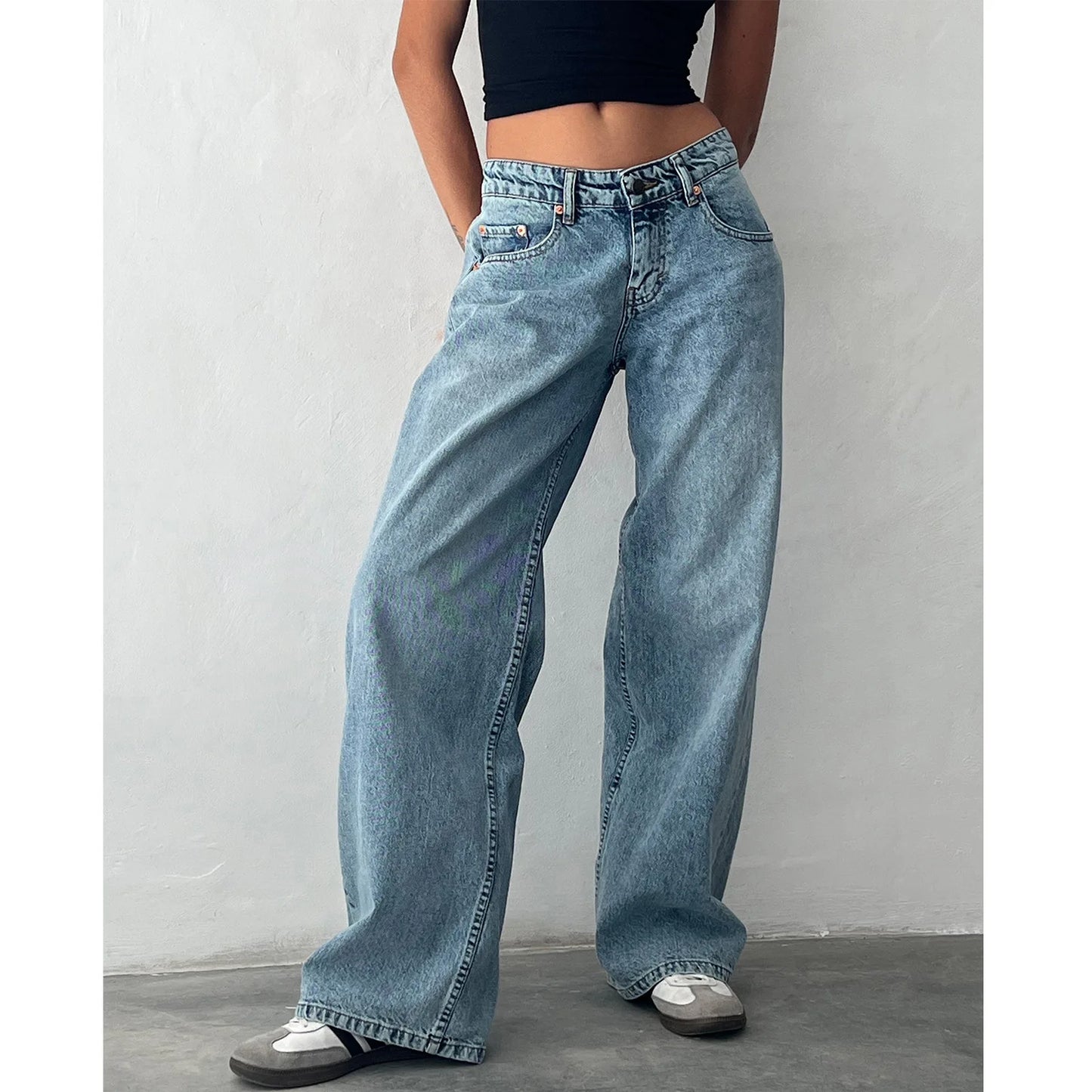 Retro Amerikanische Low-Waist Jeans ohne Stretch, Gerades Bein, Damen-Herbstmode, Weites Bein, Frischer Süßer Stil, Baumwolle So ist Leben