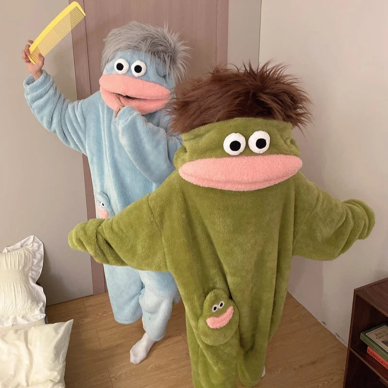 Generisches Big Mouth Monster Coral Fleece Onesie Pyjama Winter Dick Warm Hässlich Niedlich Lustig Haariger Erwachsenen-Loungewear Grün Hellblau So ist Leben