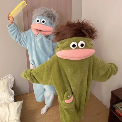 Generisches Big Mouth Monster Coral Fleece Onesie Pyjama Winter Dick Warm Hässlich Niedlich Lustig Haariger Erwachsenen-Loungewear Grün Hellblau So ist Leben