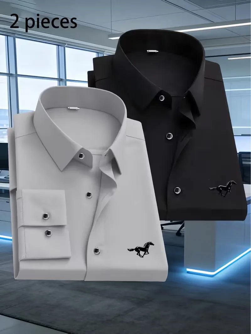 2 Stück Herren Business Casual Langarmhemden mit schwarzem Pferdemuster, Premium Business Casual Hemd, Slim Fit, Langarm, 5 Farben So ist Leben