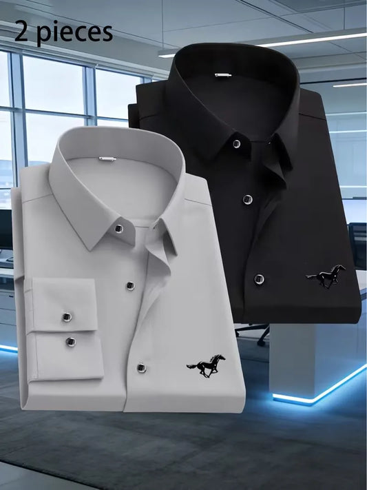 2 Stück Herren Business Casual Langarmhemden mit schwarzem Pferdemuster, Premium Business Casual Hemd, Slim Fit, Langarm, 5 Farben So ist Leben