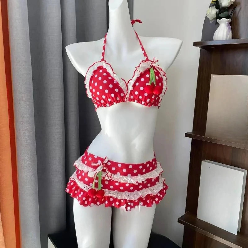 Kawaii Polka Dot Bikini-Set mit Neckholder-Trägern, zweiteiliger Badeanzug für Damen, süßer Stil, Strandparty-Badeanzug So ist Leben