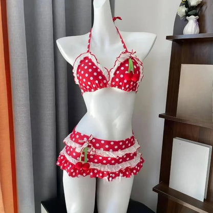 Kawaii Polka Dot Bikini-Set mit Neckholder-Trägern, zweiteiliger Badeanzug für Damen, süßer Stil, Strandparty-Badeanzug So ist Leben