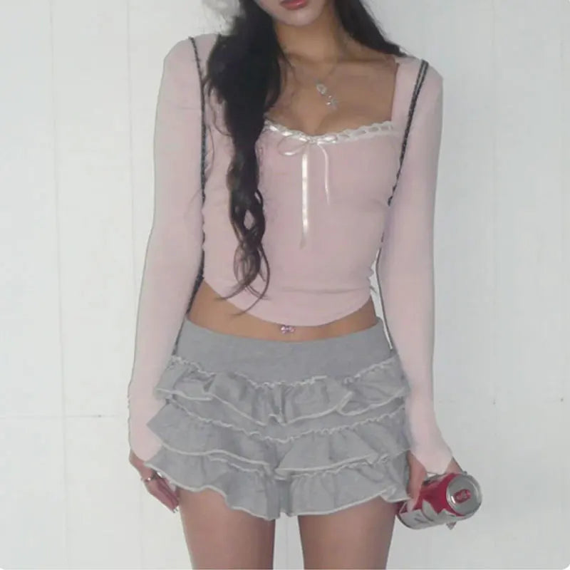 Mooyu süße Bandage-Schleife, abgeschnittenes Top, rosa, süße Kokette, süße T-Shirts, Herbst, Frühling, lässig, quadratischer Kragen, T-Shirts für Damen, y2k-Ästhetik - So ist Leben