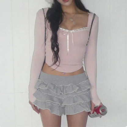 Mooyu süße Bandage-Schleife, abgeschnittenes Top, rosa, süße Kokette, süße T-Shirts, Herbst, Frühling, lässig, quadratischer Kragen, T-Shirts für Damen, y2k-Ästhetik - So ist Leben