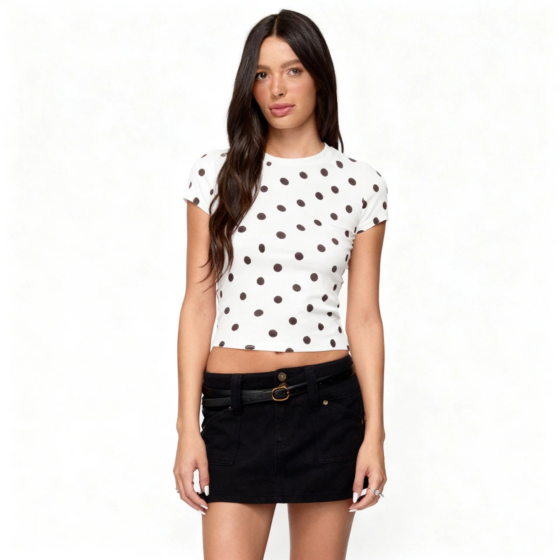 Vintage Polka Dot Kurzarm-T-Shirt für Damen, normale Passform, Rundhalsausschnitt, 2026 Sommer, neues lässiges T-Shirt, trendiges Streetwear-Crop-Top So ist Leben