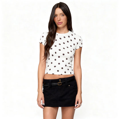 Vintage Polka Dot Kurzarm-T-Shirt für Damen, normale Passform, Rundhalsausschnitt, 2026 Sommer, neues lässiges T-Shirt, trendiges Streetwear-Crop-Top So ist Leben