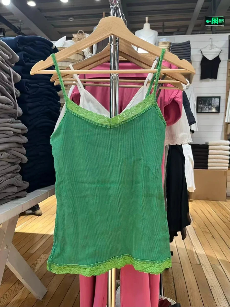 Geripptes Spitzenbesatz Slim Tank Top Damen Sommer Einfarbig Niedliches V-Ausschnitt Baumwoll-Camisole Weibliches Lässiges Einfaches Allround-Basic-Top Y2k Oberteile So ist Leben