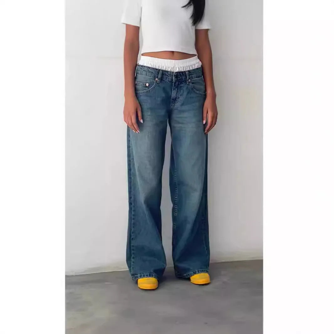 Retro Amerikanische Low-Waist Jeans ohne Stretch, Gerades Bein, Damen-Herbstmode, Weites Bein, Frischer Süßer Stil, Baumwolle So ist Leben