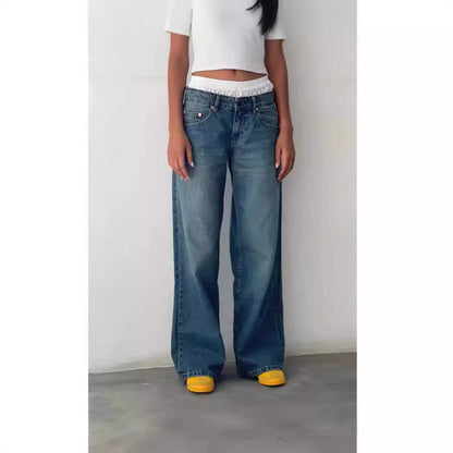 Retro Amerikanische Low-Waist Jeans ohne Stretch, Gerades Bein, Damen-Herbstmode, Weites Bein, Frischer Süßer Stil, Baumwolle So ist Leben