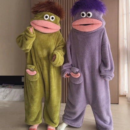 Generisches Big Mouth Monster Coral Fleece Onesie Pyjama Winter Dick Warm Hässlich Niedlich Lustig Haariger Erwachsenen-Loungewear Grün Hellblau So ist Leben
