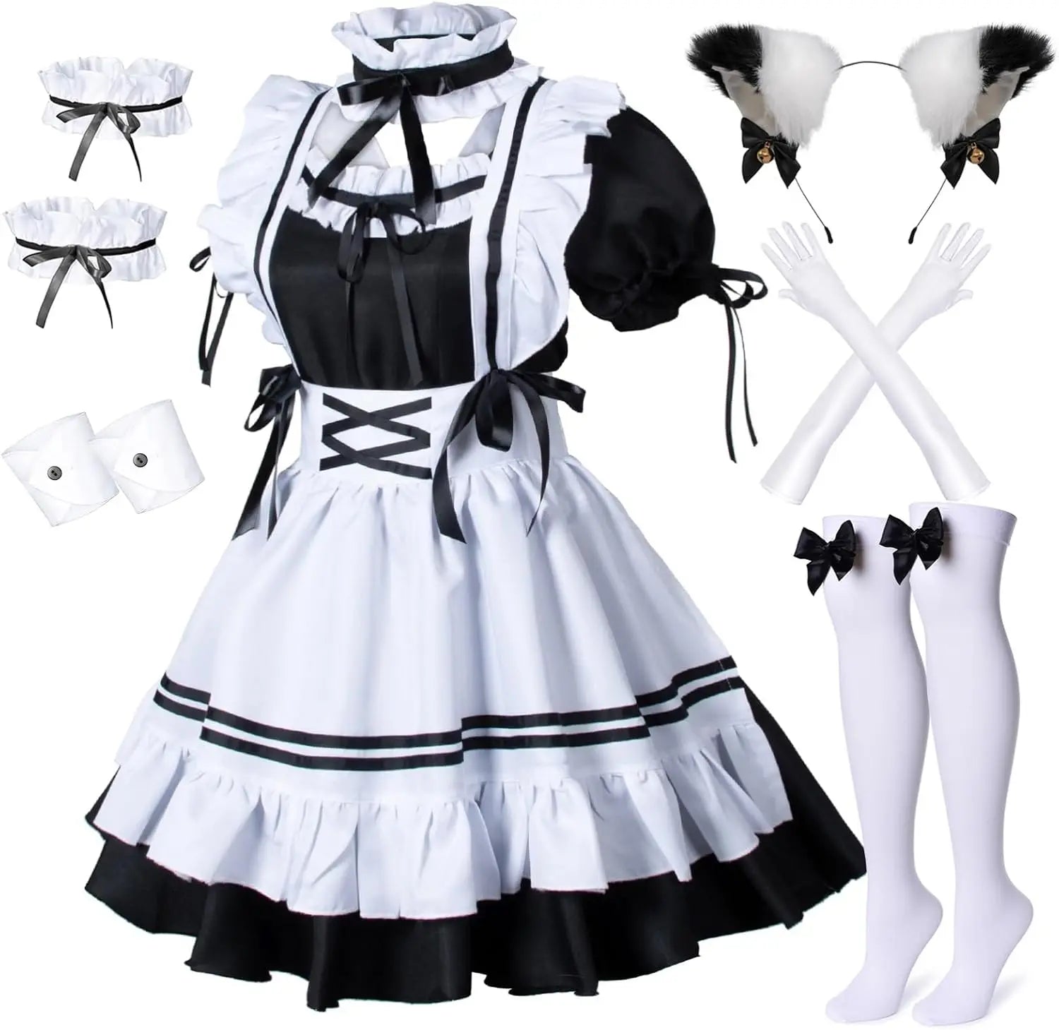 Anime Französisch Maid Schürze Lolita Kostüm Cosplay Kostüm Pelzigen Katze Ohr Handschuhe Socken Halloween Karneval Party So ist Leben