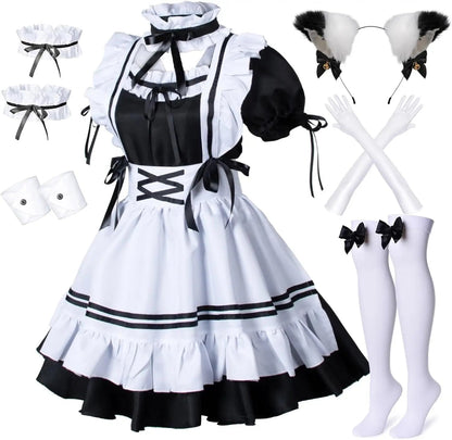 Anime Französisch Maid Schürze Lolita Kostüm Cosplay Kostüm Pelzigen Katze Ohr Handschuhe Socken Halloween Karneval Party So ist Leben