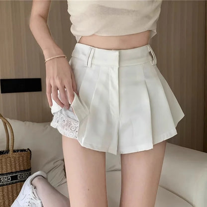 Koreanische Süße Spitze Spleißen Design Hohe Taille Plissee Abnehmen Modische A-Linie Mini Rock Hosen für Kurze Frauen So ist Leben