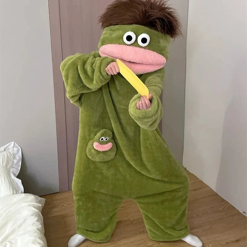 Generisches Big Mouth Monster Coral Fleece Onesie Pyjama Winter Dick Warm Hässlich Niedlich Lustig Haariger Erwachsenen-Loungewear Grün Hellblau So ist Leben