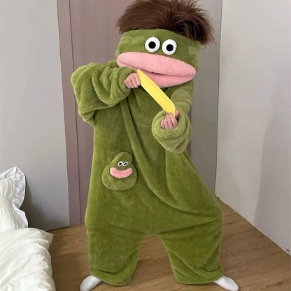 Generisches Big Mouth Monster Coral Fleece Onesie Pyjama Winter Dick Warm Hässlich Niedlich Lustig Haariger Erwachsenen-Loungewear Grün Hellblau So ist Leben