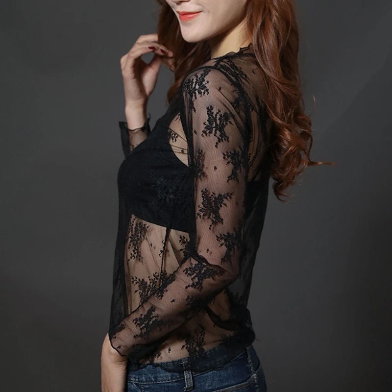 Frauen Spitze Floral T-shirt Transparent Mesh Damen Tops Sheer Blusen Herbst Durchsichtige Rollkragen Schwarz Langarm T-shirt - So ist Leben