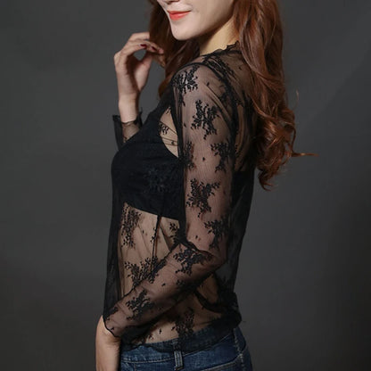 Frauen Spitze Floral T-shirt Transparent Mesh Damen Tops Sheer Blusen Herbst Durchsichtige Rollkragen Schwarz Langarm T-shirt - So ist Leben