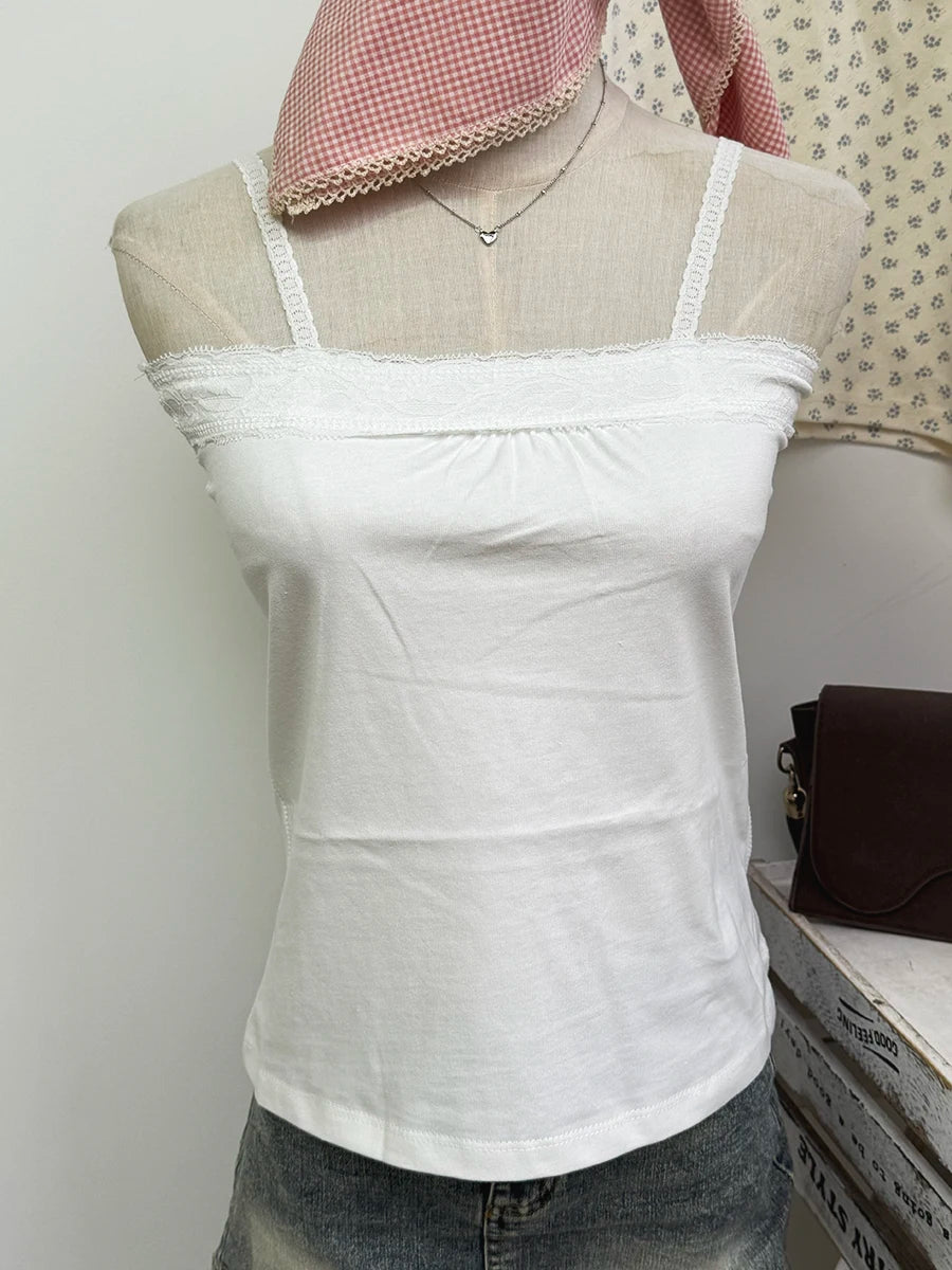 Spitze Trim Liebsten Tops Frauen Baumwolle Weiche Schlanke Weiß Sexy Ärmellose Leibchen Süße Nette Chic Tank Tops Y2K So ist Leben