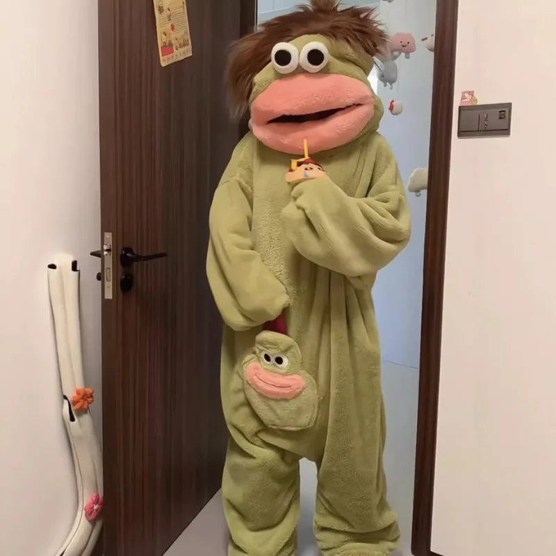 Hangyodon One Piece Pyjama aus Korallenfleece, dick, warm, für den Winter, Cartoon-Motiv, lustiger Fischmund, Nachtwäsche für Damen und Herren, Paar-Loungewear So ist Leben