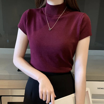 2025, mode Frau Pullover Kurzarm Herbst Tops Frauen Rollkragen Gestrickte Pullover Koreanischen Stil Elegante Feste Dünne Tops So ist Leben