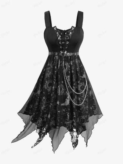 ROSEGAL Plus Size Sun Moon Star Gothic Kleider Vestidos Damen Schnür-Tülle ärmelloses Midikleid mit Gürtel und Kette So ist Leben