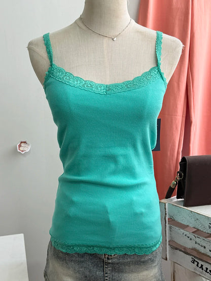 Geripptes Spitzenbesatz Slim Tank Top Damen Sommer Einfarbig Niedliches V-Ausschnitt Baumwoll-Camisole Weibliches Lässiges Einfaches Allround-Basic-Top Y2k Oberteile So ist Leben