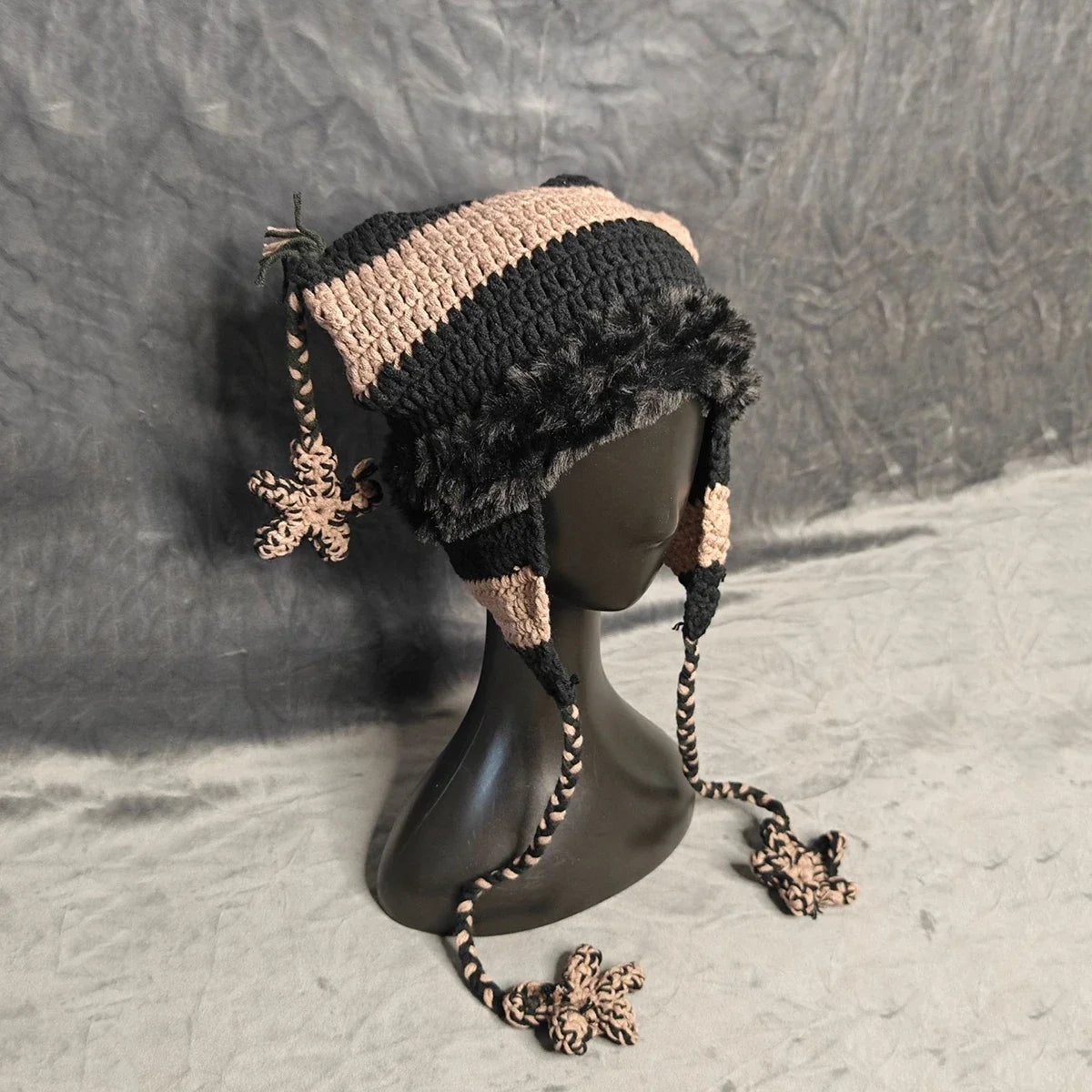 Japanische Designer Pentagramm Skullies Beanie Frauen Herbst Winter Warm Gehörschutz Handgemachte Gestrickte Hut Katzenohren Streifen Kappe Y2K So ist Leben