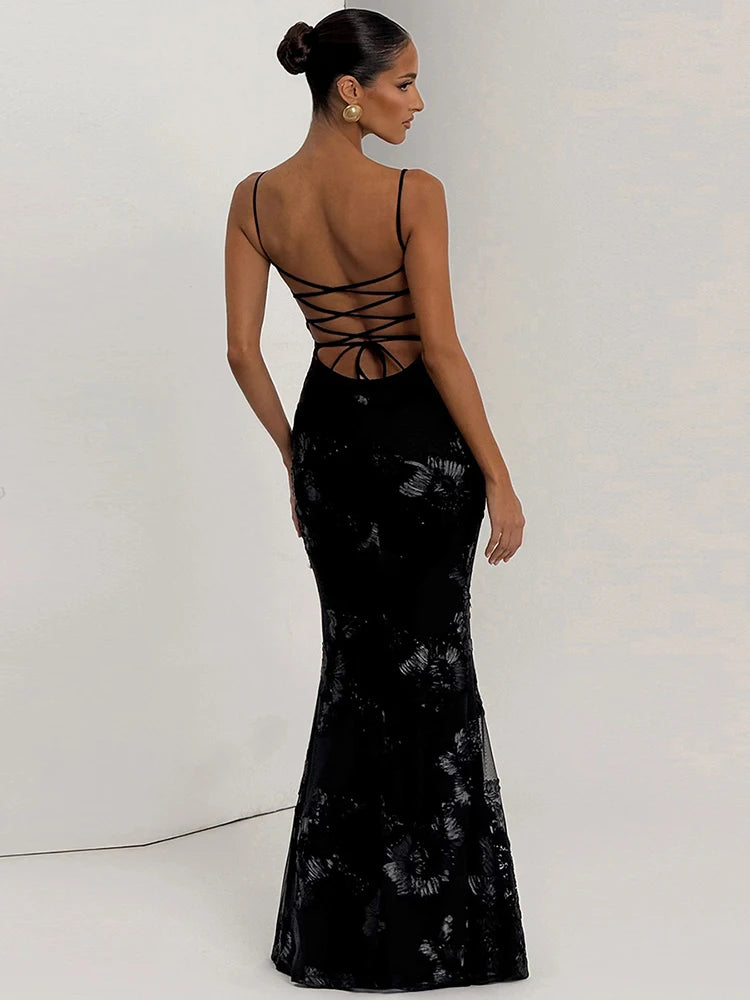 Nibber Elegante Blume Stickerei Maxi Kleid Frauen Low-Neck Kreuz Bandage Backless Sommer Straße Trend Dünne Urlaub Vestidos So ist Leben