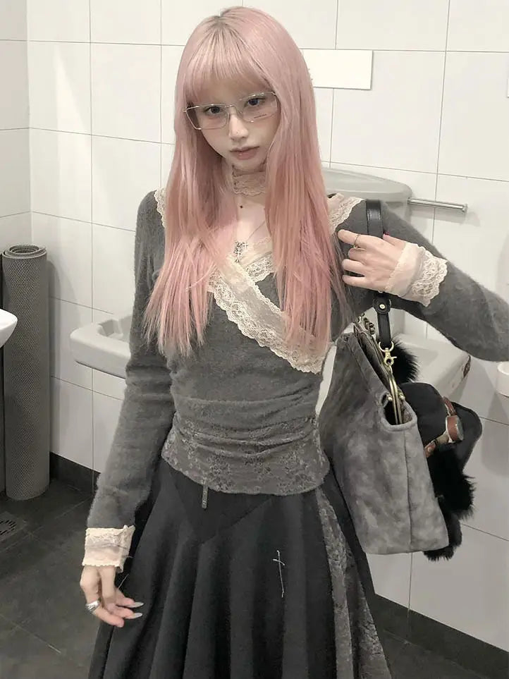 Genayooa Y2k Japanische T Shirt Frauen V-ausschnitt Patchwork Spitze T Tops Streetwear Vintage Tops Koreanischen Stil Dünne T-shirts Herbst So ist Leben