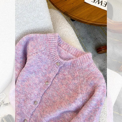 Weicher lila Strickpullover für Damen, 2025, neuer Frühling und Herbst, einreihig, O-Ausschnitt, kurze Strickjacke, Langarm-Tops So ist Leben